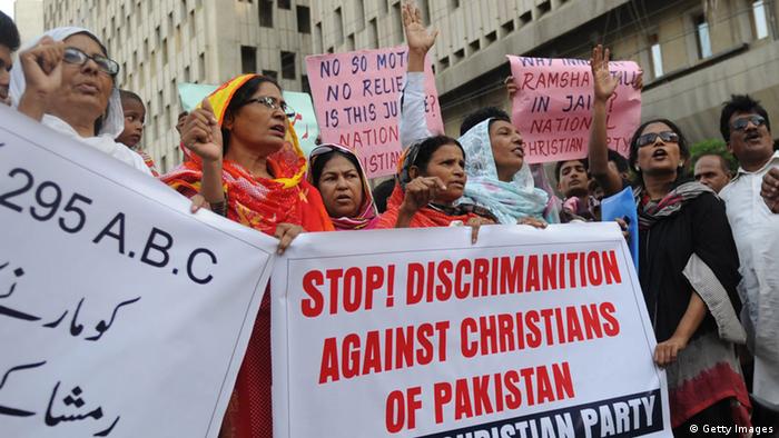 Activists of the National Christian party shout slogans in the support of a Christian girl who was accused of burning papers containing verses from the Koran, in Karachi on September 4, 2012(Photo: RIZWAN TABASSUM/AFP/GettyImages) 