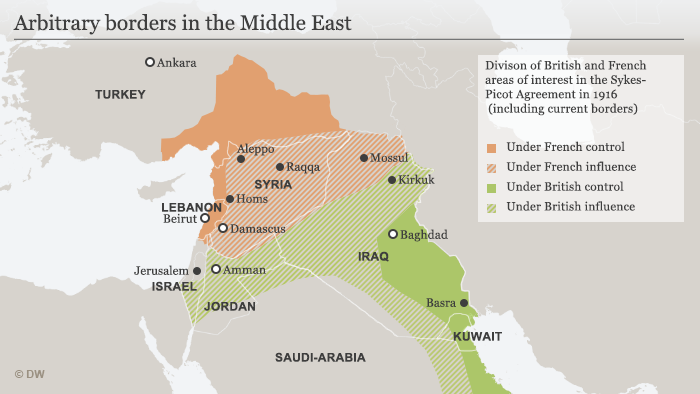 نقشه خاورمیانه بر اساس ترسیم مرزهای سایکس پیکو