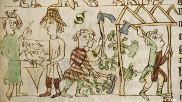 Handwerker im Mittelalter, Bild aus dem Sachsenspiegel, 14. Jahrhundert