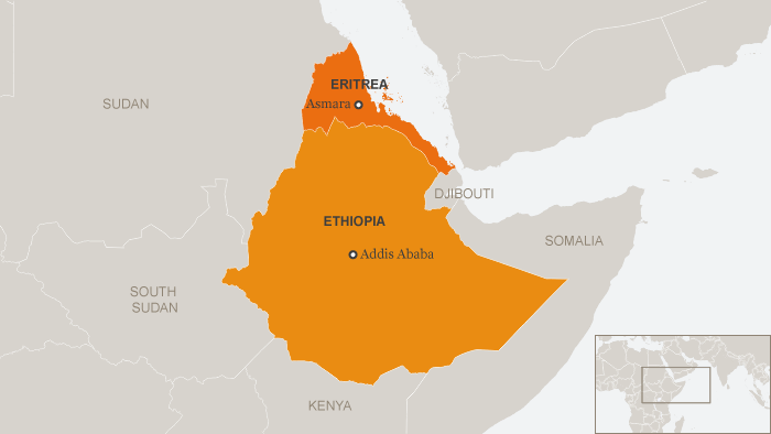 DW map show Ethiopia and neighboring Eritrea 