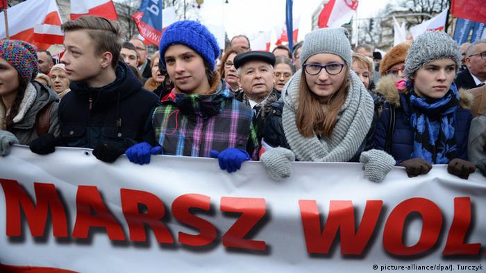 The President of Law and Justice party (PiS) Jaroslaw Kaczynski (C) during the 5th March of Freedom and Solidarity, through the streets of Warsaw in December