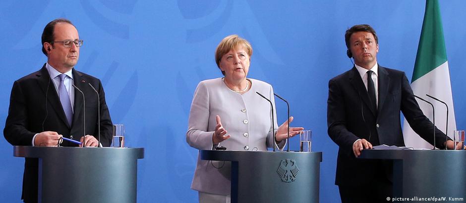 Hollande, Merkel e Renzi durante encontro em Berlim