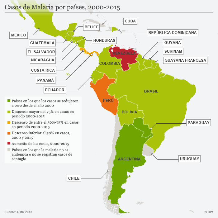 Infografik Karte Verbreitung Malaria Lateinamerika 2000 - 2015 SPA