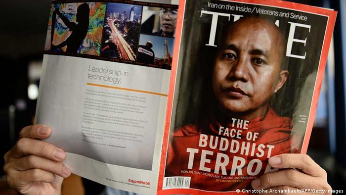 Time magazine cover shows a bust shot of Wirathu with the caption: The face of Buddhist terror