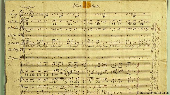 Manuscrito da Canção de Natal de Franz Gruber, para coro e orquestra