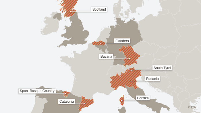 Karta pokrajina u Europi u kojima se razmišlja o odcjepljenju