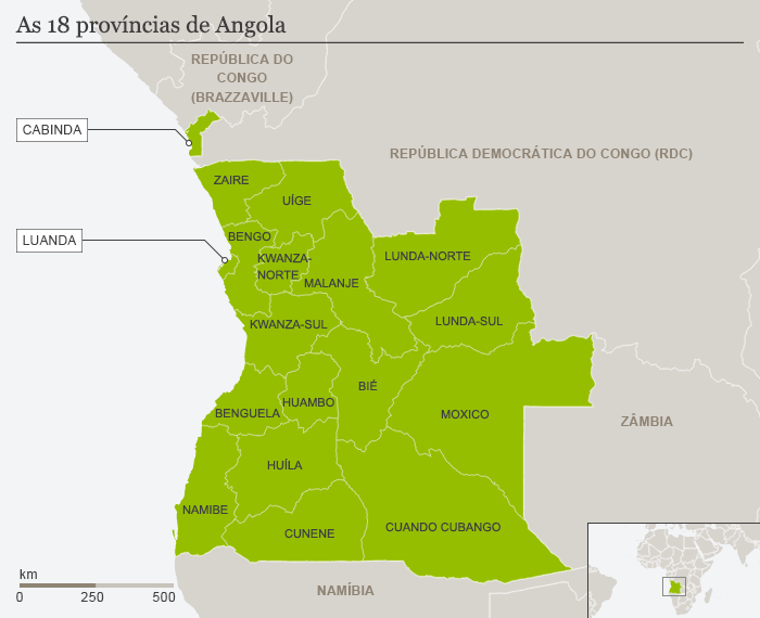 Karte Angola mit den 18 Provinzen Portugiesisch