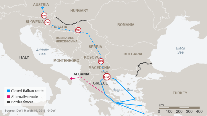 A map shows the routes refugees and migrants take to get to Europe