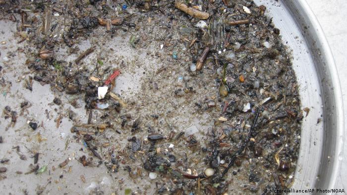 Microplástico contamina rios oceanos. Na foto, amostra do Rio Patapsco, nos EUA