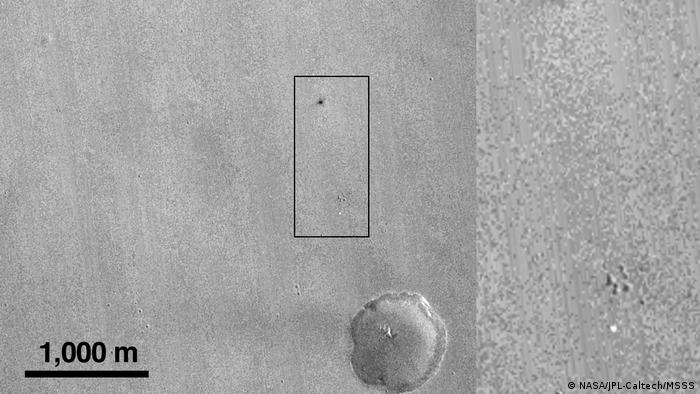Foto con los rastros del impacto del módulo sobre la superficie de Marte 