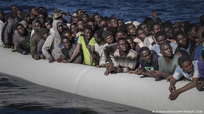 African migrants on a rubber dinghy in the Mediterranean