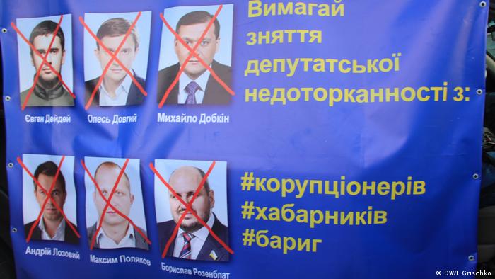 Банер з вимогою зняти недоторканність з шести народних депутатів