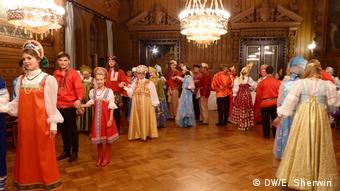 CIEE alumni line up to dance at a Russian-themed costume ball at Vladimir Palace in St. Petersburg
