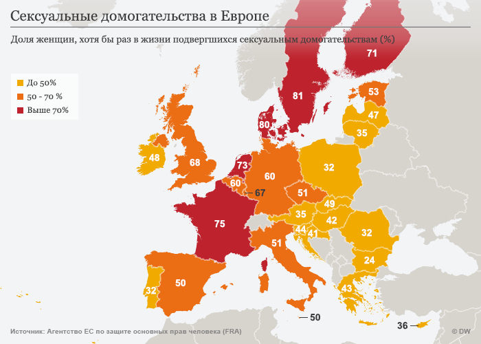 Карта Европы с цифрами по сексуальным домогательствам