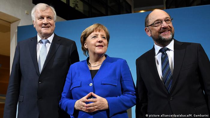 Horst Seehofer, Angela Merkel and Martin Schulz at coalition talks in Berlin