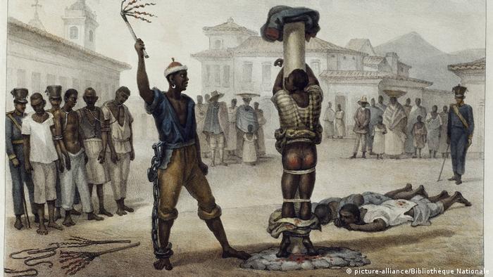 1834 lithograph of a slave being flogged in Brazil. By Jean Baptiste Debret