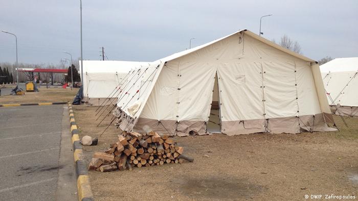 Tents for migrants at a camp at a gas station near Evzones, Greece