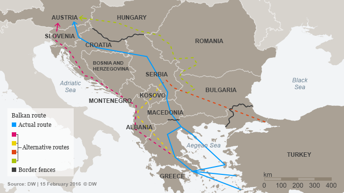 Infografik Balkanroute und die Alternative Routen Englisch