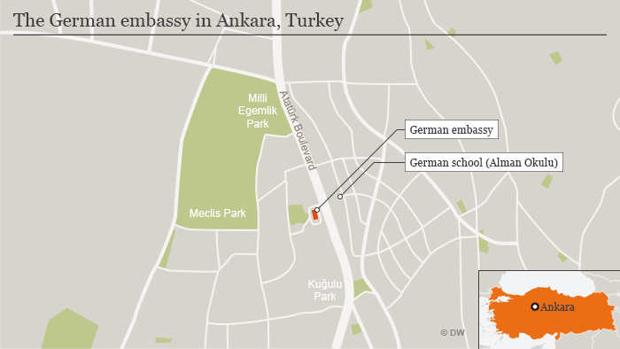 Map of Ankara, showing the German embassy and German school's locations