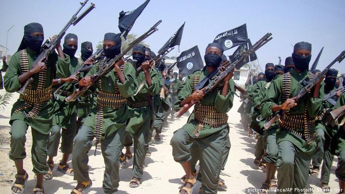 Somalia's al-Shabaab fighters in a parade with heavy weapons.