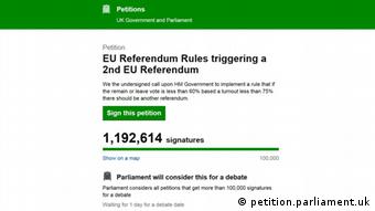 Screenshot of petition for second EU referendum