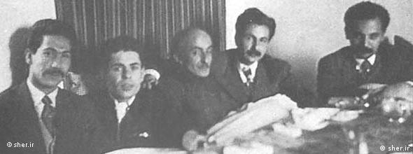 (از چپ): مرتضی کیوان، احمد شاملو، نیما یوشیج، سیاوش کسرایی و هوشنگ ابتهاج (ه‌.ا. سایه)