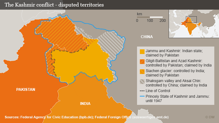 Infografik umstrittene Gebiete in der Krisenregion Kaschmir Englisch
