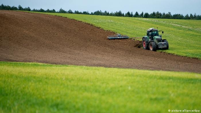 A tractor turning over soil in a green field