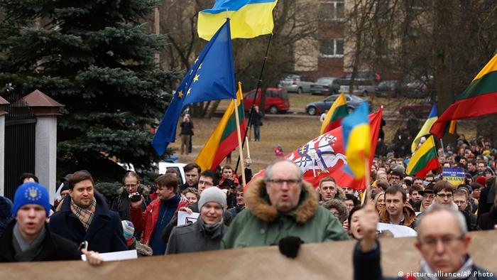 Demonstrators outside the Russian embassy in Vilnius