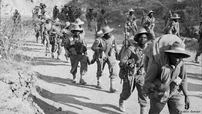 African soldiers marching in Burma
