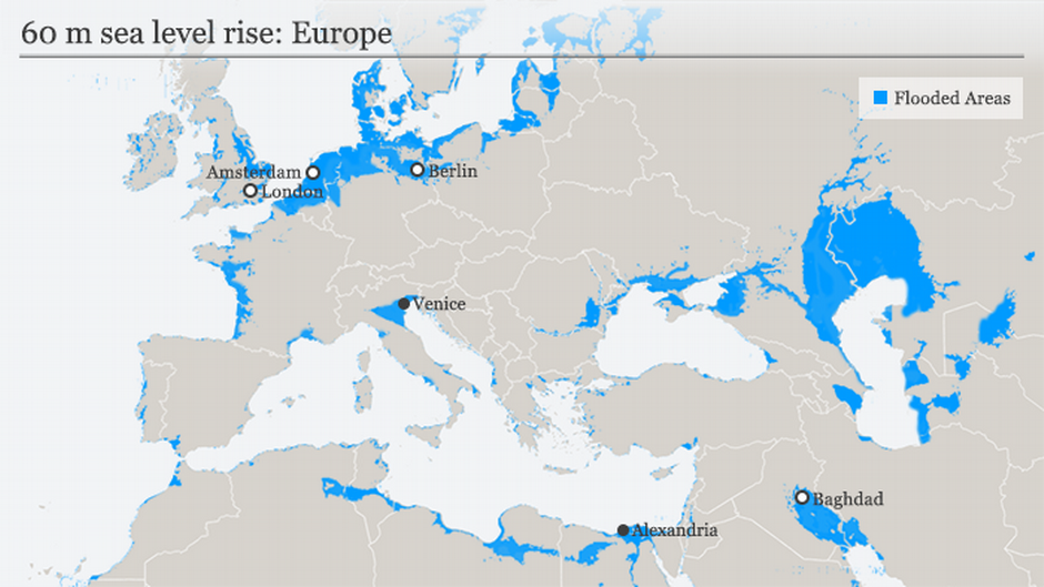 The predicted flooding of Europe if the Antarctic ice sheet melts entirely; 60 m sea level increase (Deutsche Welle., 2020). 