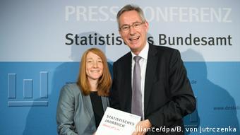 Ο πρόεδρος της γερμανικής στατιστικής υπηρεσίας Ντ. Ζάραϊτερ και η αρχισυντάκτρια της έκθεσης Ίλ. Βίλαντ στην παρουσίαση στο Βερολίνο