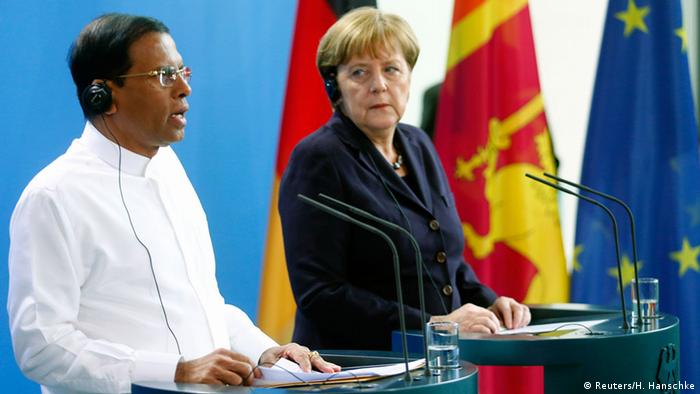 Sri Lankan President Maithripala Sirisena at a press conference with German Chancellor Angela Merkel