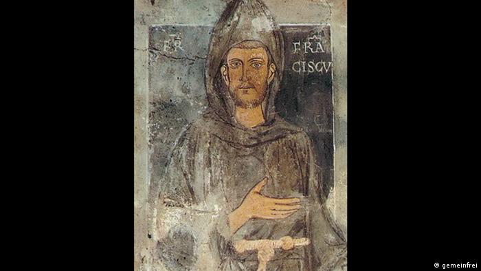 Painting of Franz of Assisi. Man in a hoodd monk's robe looks straight ahead Kloster Sacro Speco in Subiaco