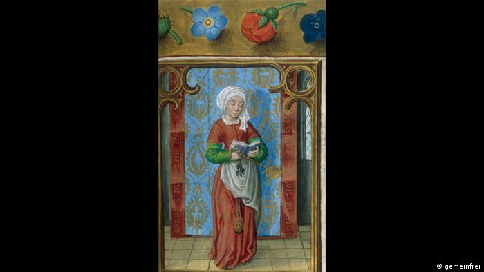 Painting of Saint Martha, a woman with a withe headdress stands, reading a book 