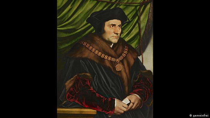A painting of St. Thomas More, a man in a dark robe and wearing a black hat, looking sombre 
