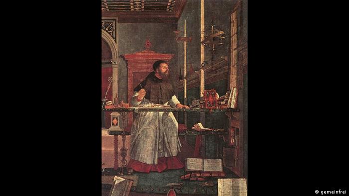 Painting of St.Augustine, a man in a library, hands propped on a desk, looking out of a window Detail 