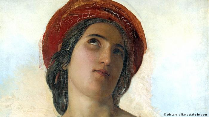 Painting of St.Cecilia , a woman's head, with a red turban on her hair, eyes turned upwards von Robert, Léopold
