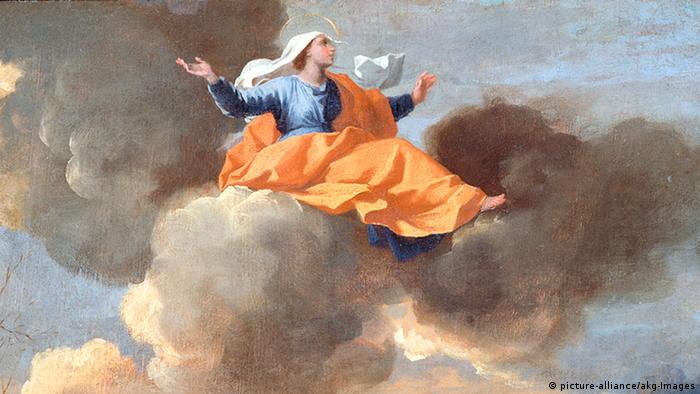 Paiting of Rita of Cascia, a woman sitting on clouds 