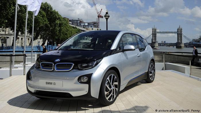 Electric car BMW i3 in front of the Tower Bridge in London