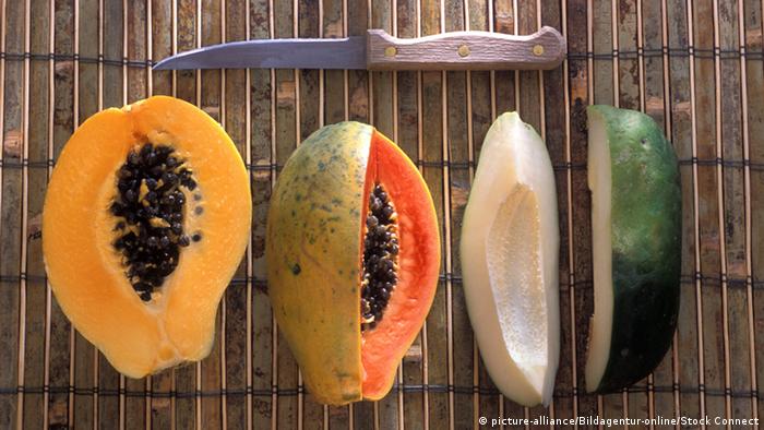 A row of cut papaya