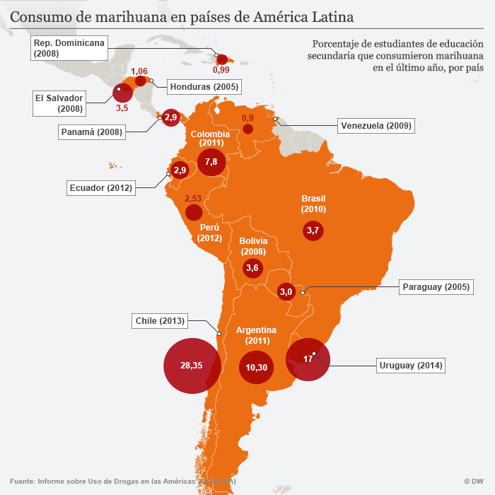 Infografik Karte Cannabis-Konsum in Lateinamerika