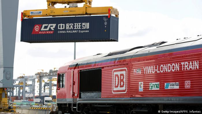 China Railway Express containers loaded onto the train as it is prepared ahead of departure from a depot in Corringham, east of London, on April 10.