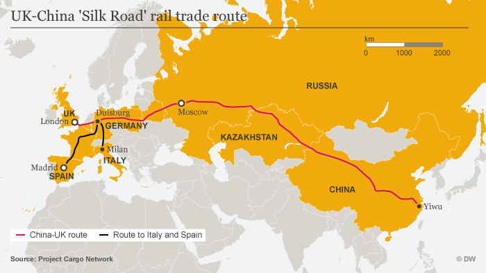 Infografik Karte 12.000 Kilometer auf der Schiene ENG UK-China Frachtzug