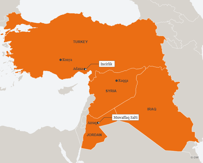 A map showing Turkey, Syria, Iraq and Jordan as well as the air bases used and to be used by Germany