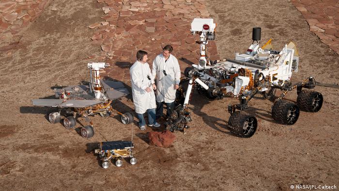 Three generations of Mars rovers at JPL's Mars Yard testing area