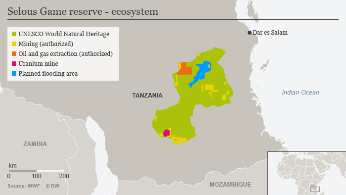 Infographic showing the planned flooding area in the Selous reserve as well as areas where authorized mining, oil and gas extraction are taking place