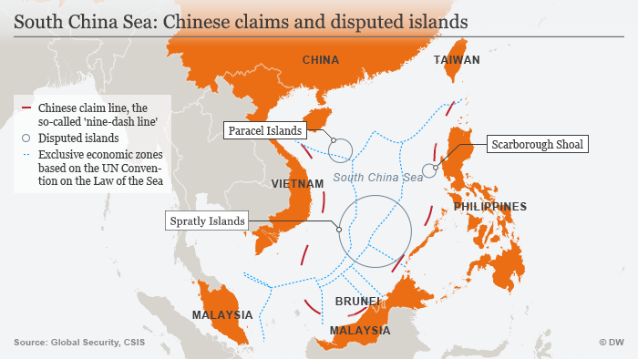 Infografik Karte South China Sea: Chinese claims and disputed islands