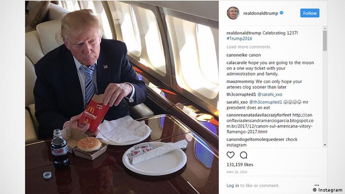 Screenshot of Donald Trump's Instagram page, showing a post of him eating a BigMac from McDonald's