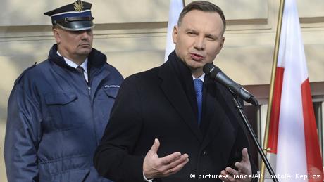 Polish President Andrzej Duda speaks during ceremonies commemorating the 50th anniversary of student protests in 1968. (picture-alliance/AP Photo/A. Keplicz)